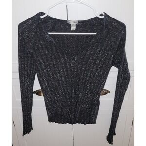 lei Vintage Y2K Black Silver Metallic Ribbed Knit V-Neck Long Sleeve Top Medium